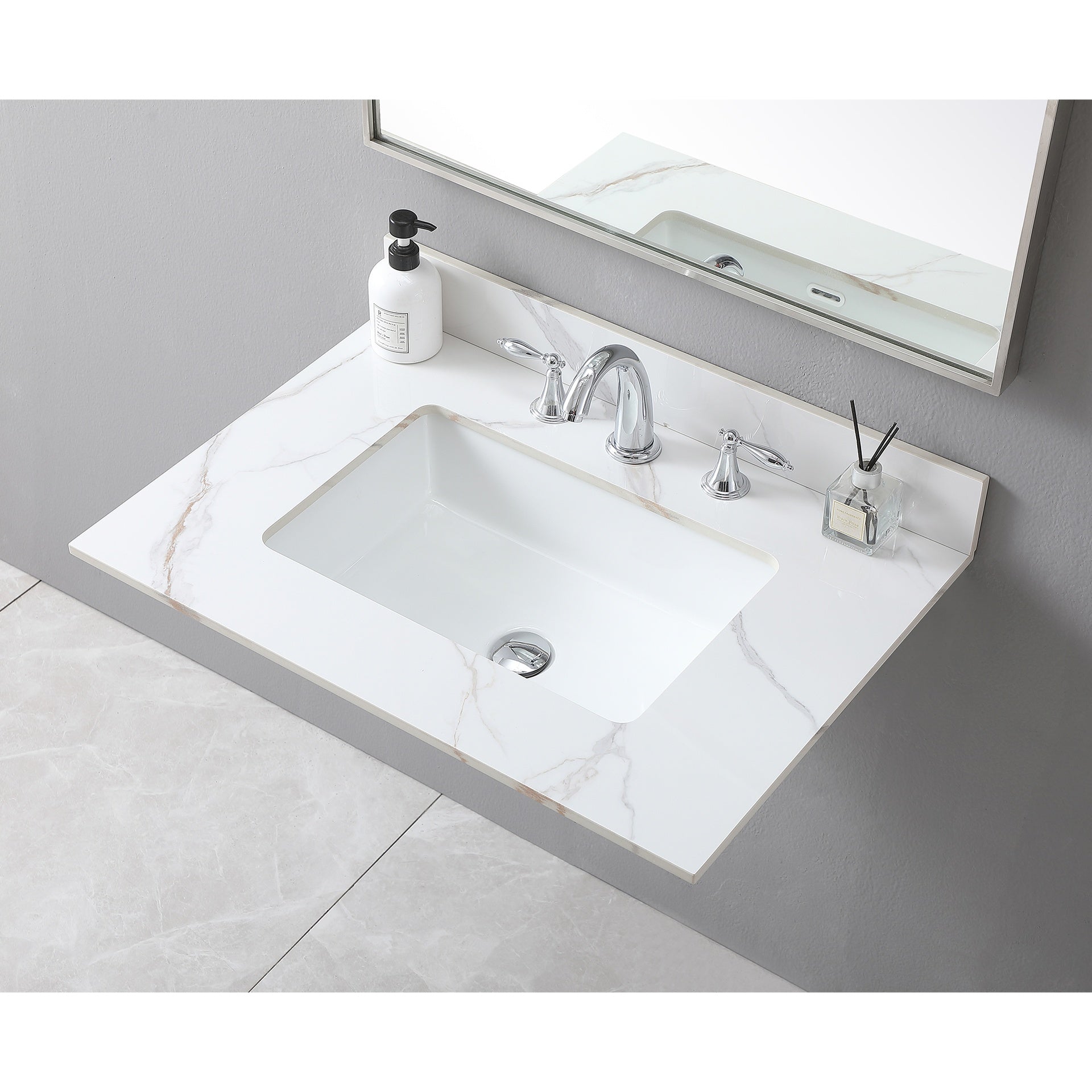 Montary 31inch bathroom vanity top stone carrara gold  new style tops with rectangle undermount ceramic sink  and back splash with 3 faucet hole  for bathrom cabinet