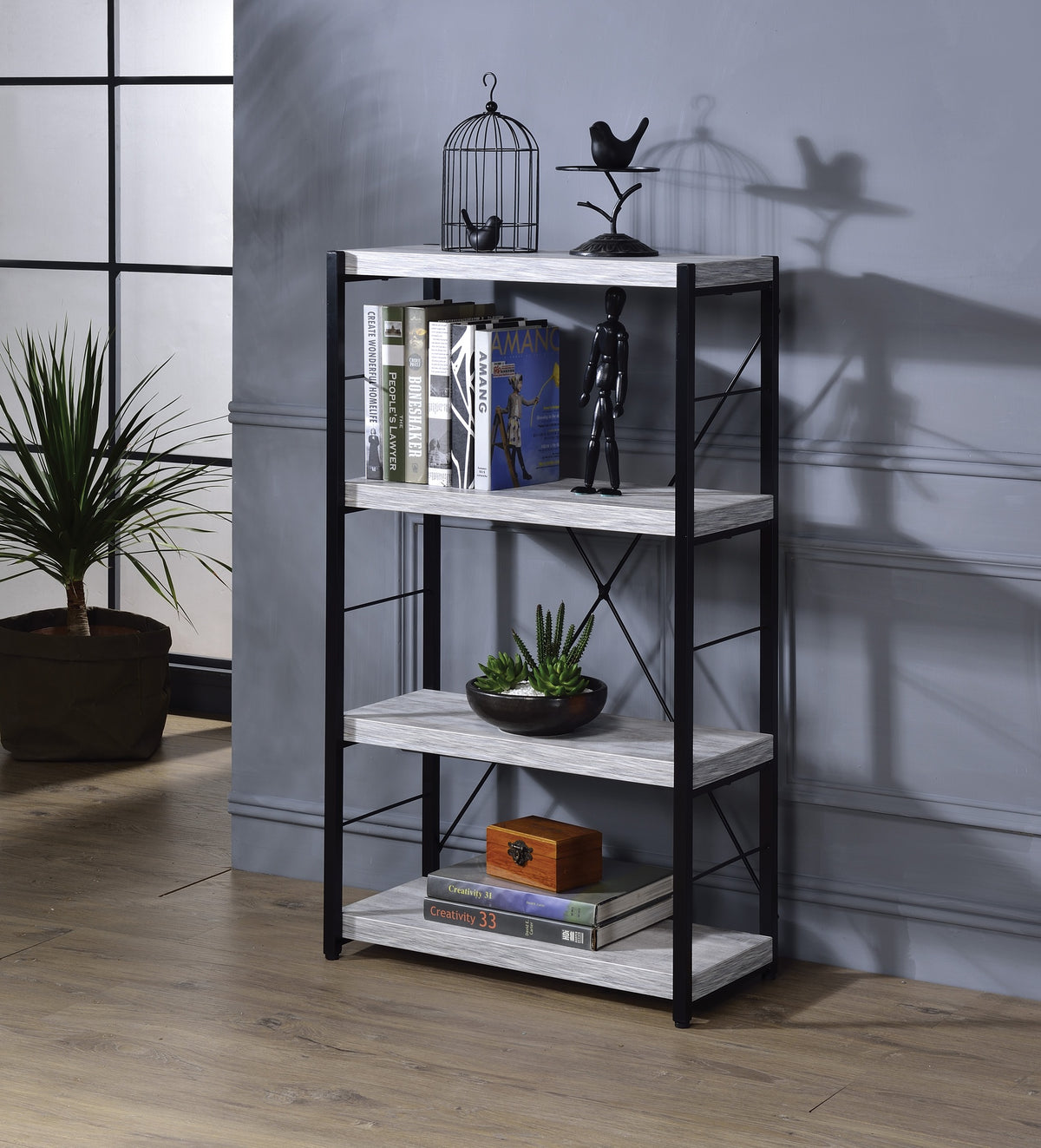 Jurgen Antique White & Black Finish Bookshelf
