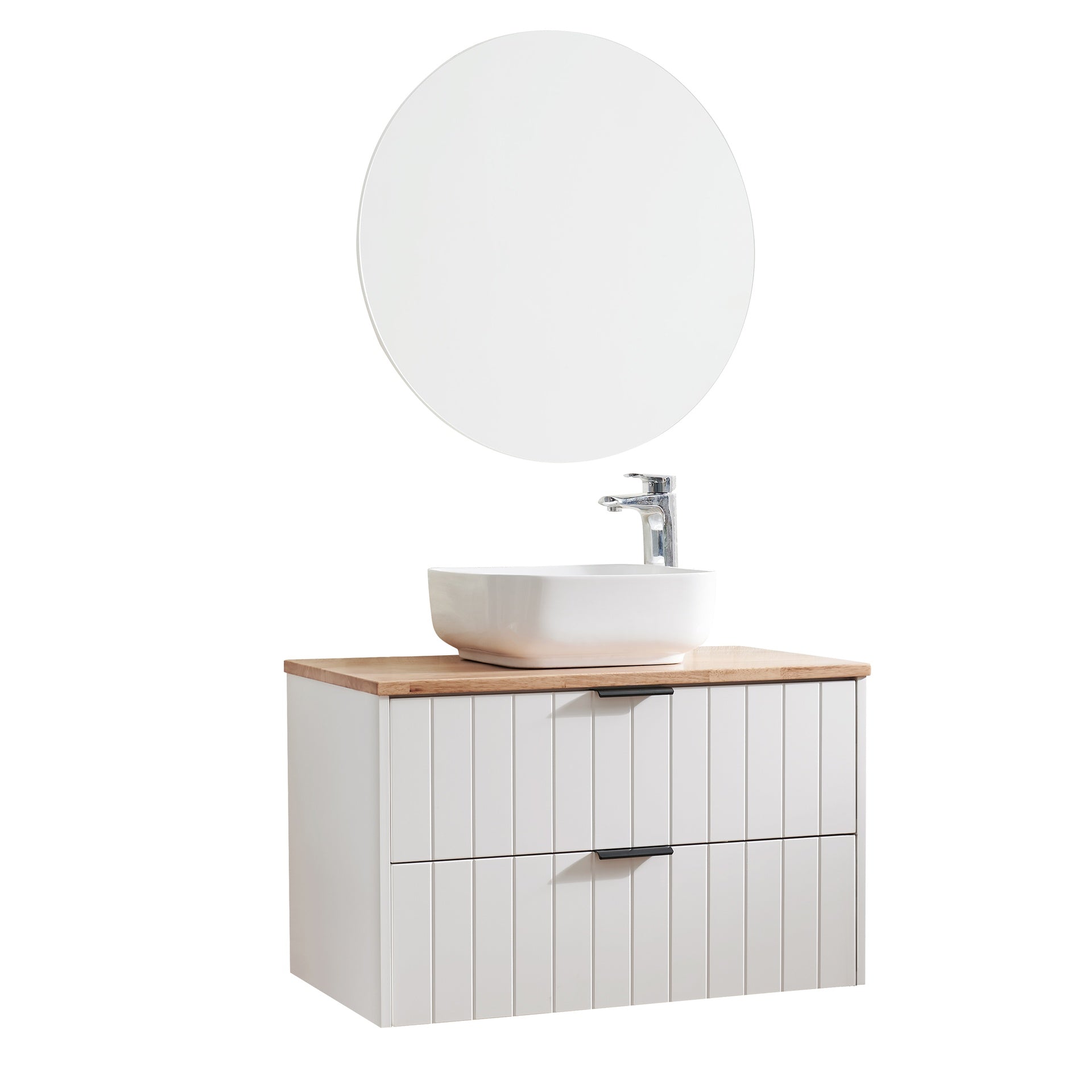 32-Inch Double Drawer Wall-Mounted Bathroom Vanity,White Cabinet + Solid Wood Natural Top,Square Art Ceramic Sink + White Round Mirror,Modern Minimalist Design, Combining Functionality and Style