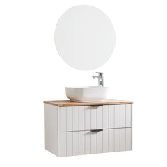 32-Inch Double Drawer Wall-Mounted Bathroom Vanity,White Cabinet + Solid Wood Natural Top,Square Art Ceramic Sink + White Round Mirror,Modern Minimalist Design, Combining Functionality and Style
