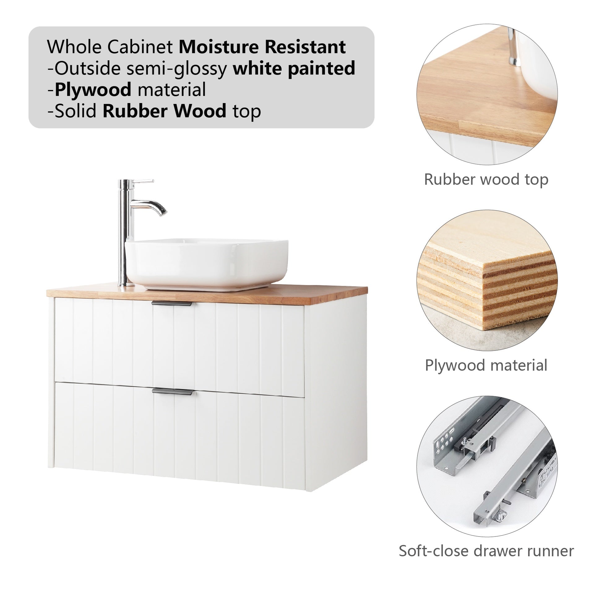 32-Inch Double Drawer Wall-Mounted Bathroom Vanity,White Cabinet + Solid Wood Natural Top,Square Art Ceramic Sink + White Round Mirror,Modern Minimalist Design, Combining Functionality and Style