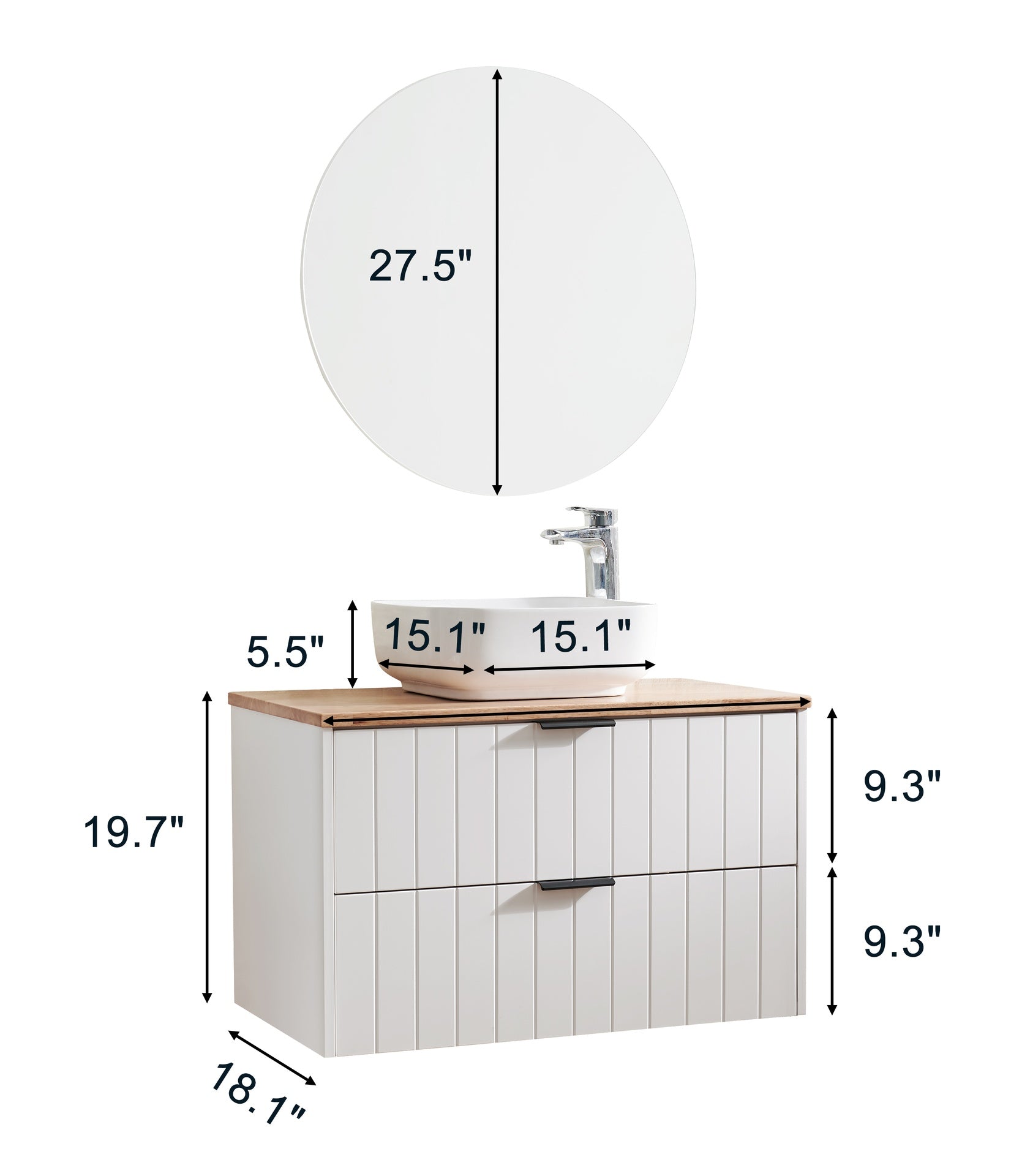 32-Inch Double Drawer Wall-Mounted Bathroom Vanity,White Cabinet + Solid Wood Natural Top,Square Art Ceramic Sink + White Round Mirror,Modern Minimalist Design, Combining Functionality and Style