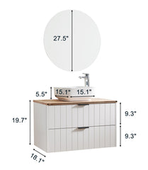 32-Inch Double Drawer Wall-Mounted Bathroom Vanity,White Cabinet + Solid Wood Natural Top,Square Art Ceramic Sink + White Round Mirror,Modern Minimalist Design, Combining Functionality and Style