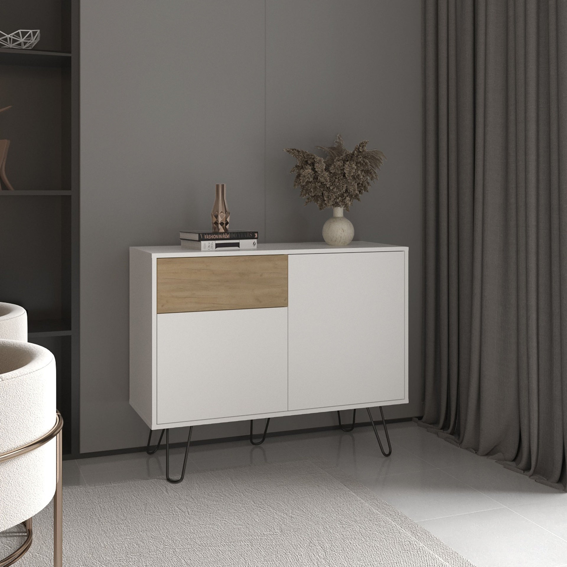 Tori 39" Wide Console Table With Two Cabinets, One Drawer and Four Shelves, White - Natural Oak