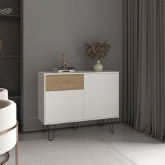 Tori 39" Wide Console Table With Two Cabinets, One Drawer and Four Shelves, White - Natural Oak