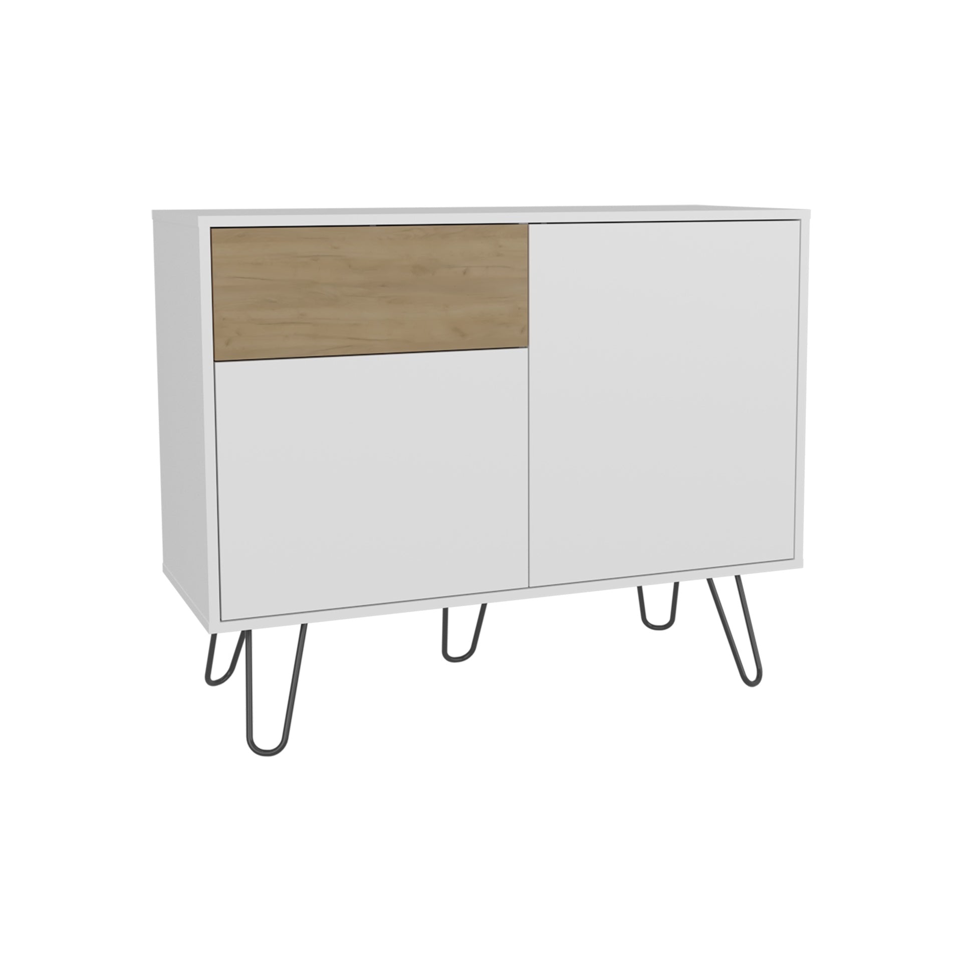 Tori 39" Wide Console Table With Two Cabinets, One Drawer and Four Shelves, White - Natural Oak