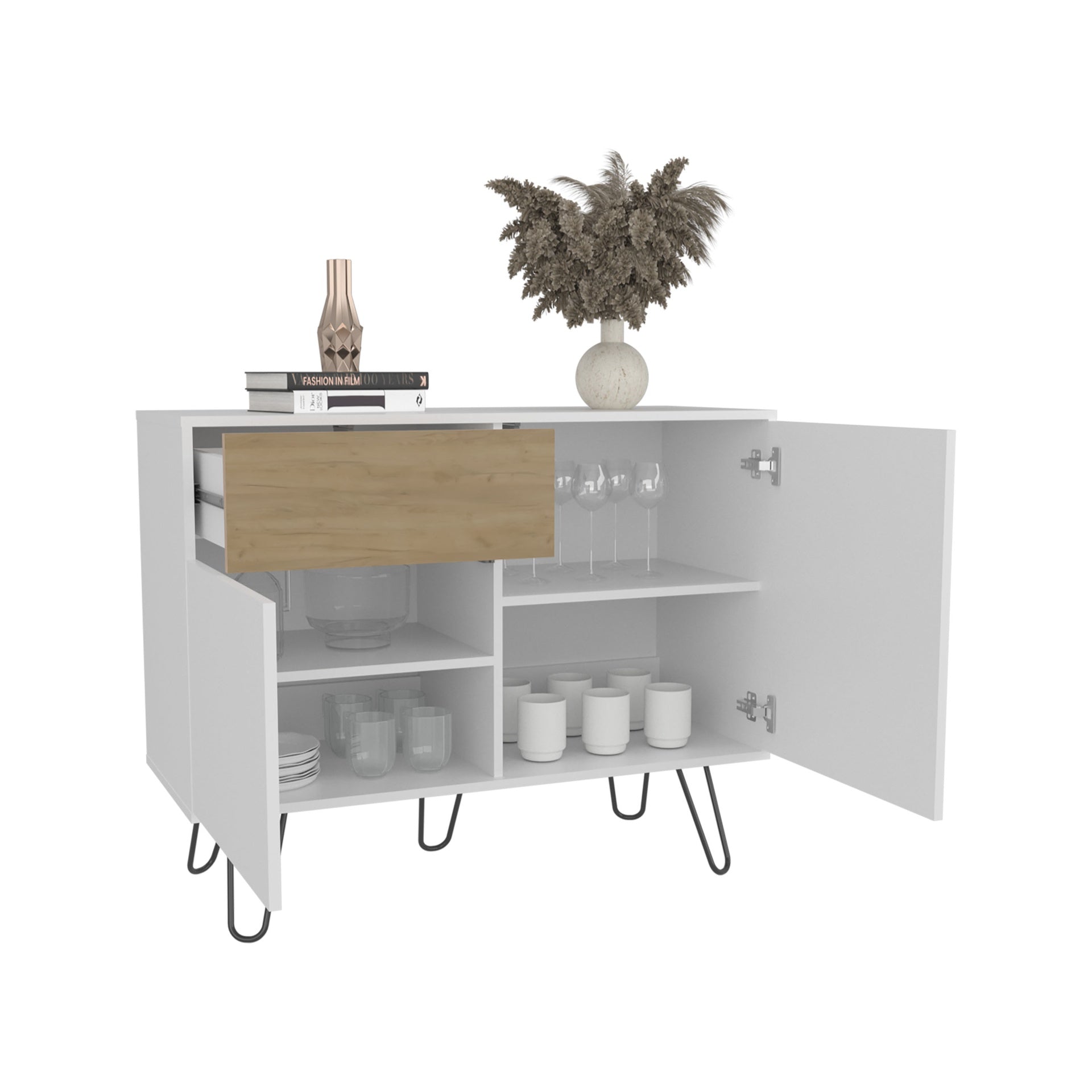 Tori 39" Wide Console Table With Two Cabinets, One Drawer and Four Shelves, White - Natural Oak