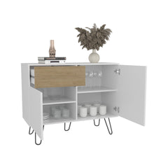 Tori 39" Wide Console Table With Two Cabinets, One Drawer and Four Shelves, White - Natural Oak