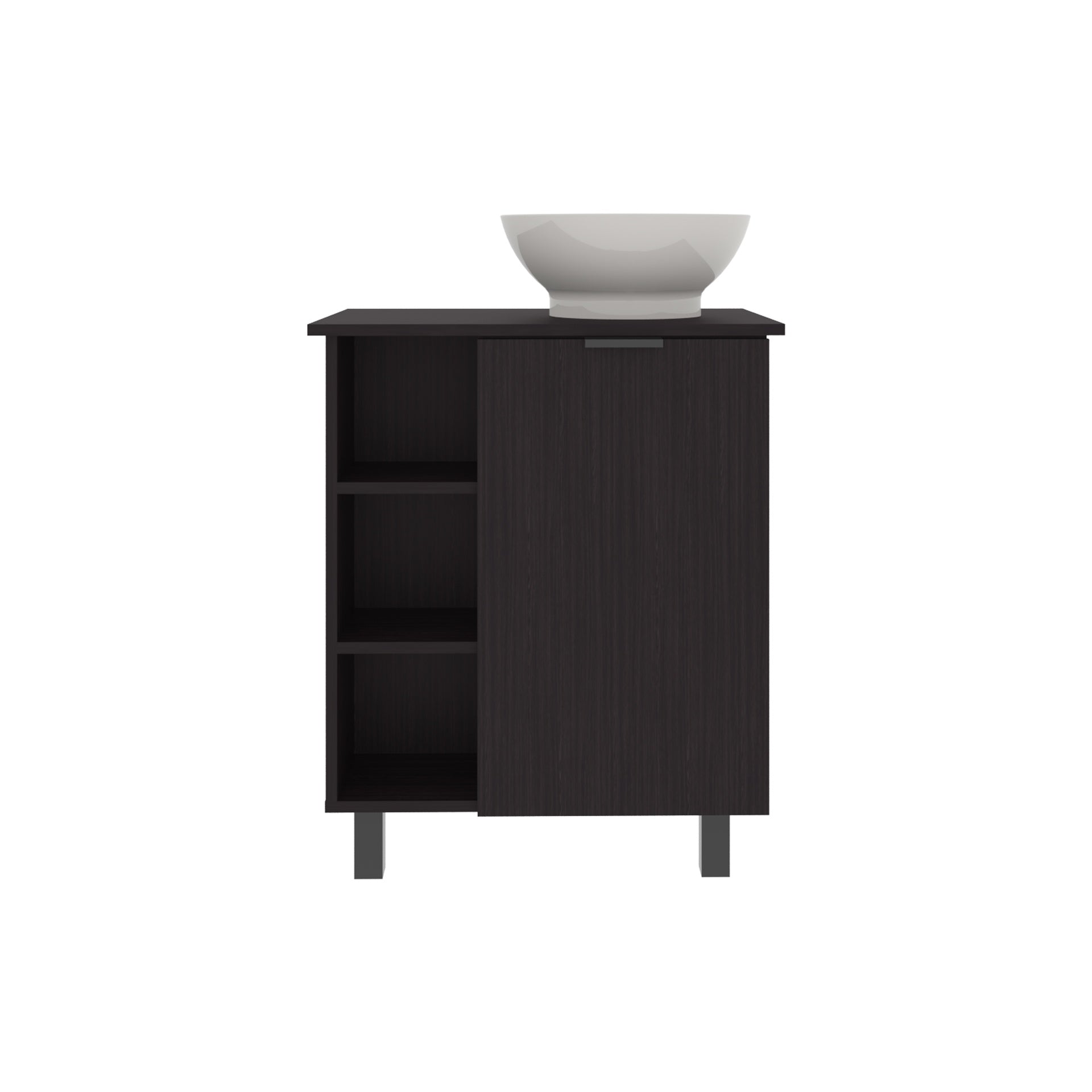 Allegra Vessel Sink Vanity With One Door Storage And Open Shelves, Freestanding Bathroom Cabinet, Black