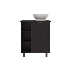 Allegra Vessel Sink Vanity With One Door Storage And Open Shelves, Freestanding Bathroom Cabinet, Black