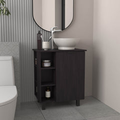 Allegra Vessel Sink Vanity With One Door Storage And Open Shelves, Freestanding Bathroom Cabinet, Black