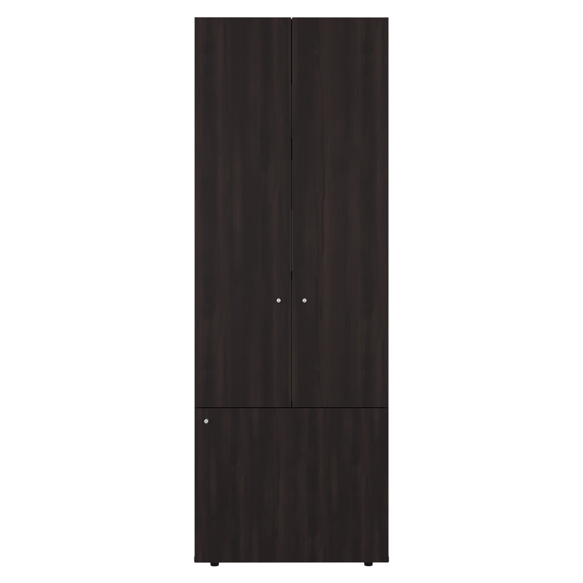 Home 3 Door Closet System with Hanging Rod for clothes and interior Shelves, Manufactured Wood Freestanding Bedroom Storage, Utility Room or Laundry Room Furniture, Stained Walnut