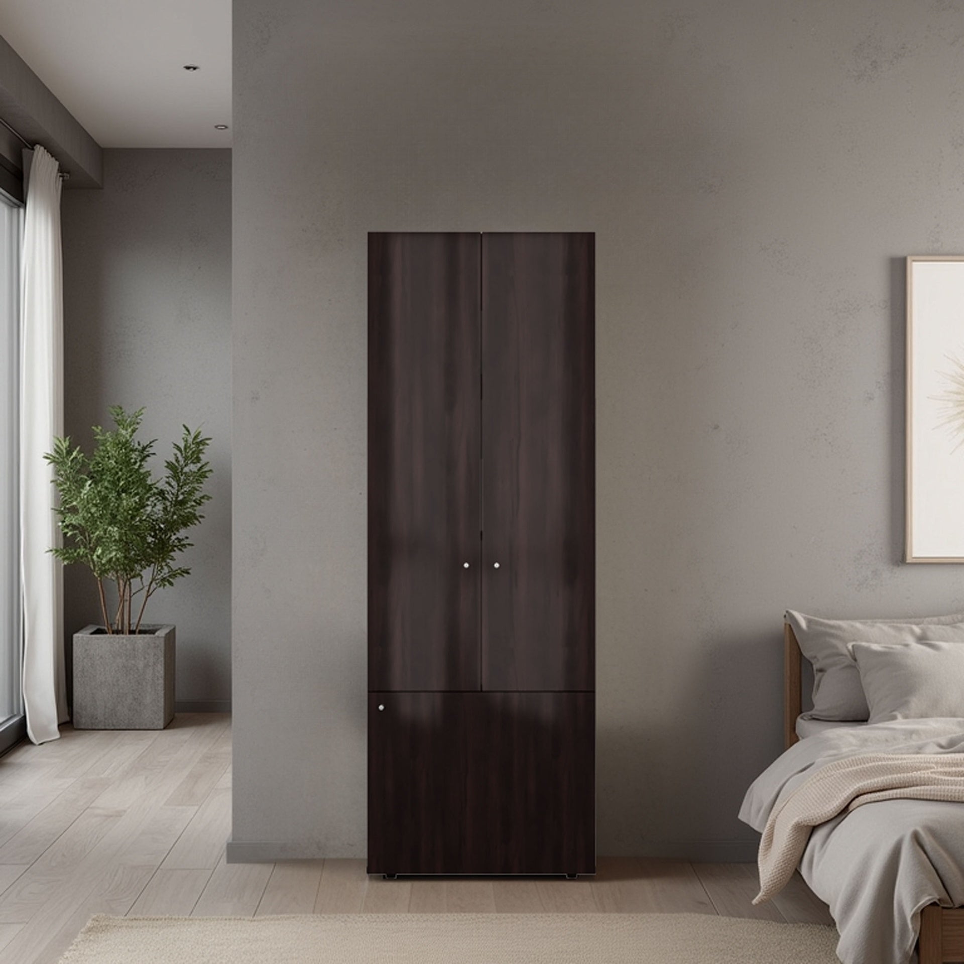 Home 3 Door Closet System with Hanging Rod for clothes and interior Shelves, Manufactured Wood Freestanding Bedroom Storage, Utility Room or Laundry Room Furniture, Stained Walnut