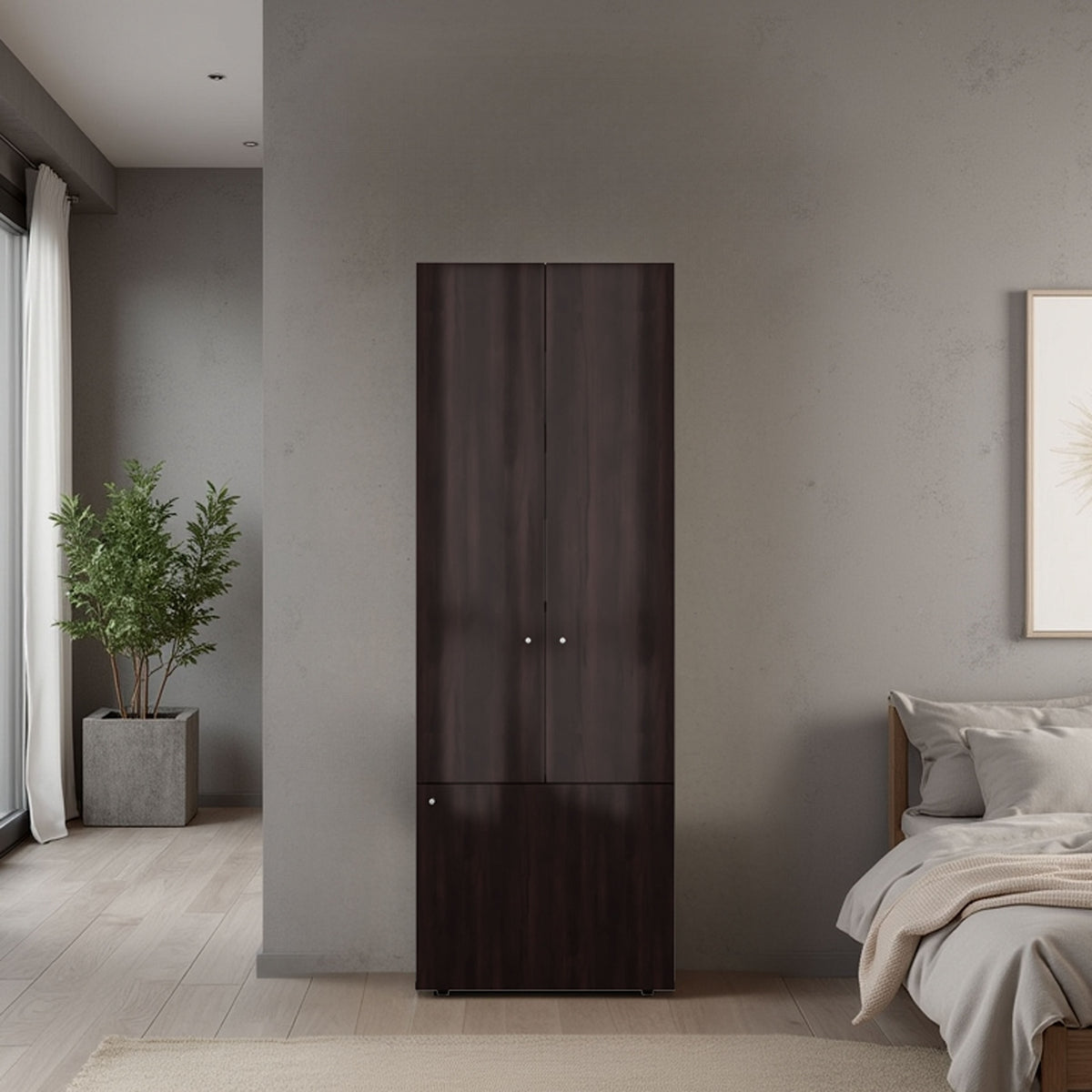 Home 3 Door Closet System with Hanging Rod for clothes and interior Shelves, Manufactured Wood Freestanding Bedroom Storage, Utility Room or Laundry Room Furniture, Stained Walnut