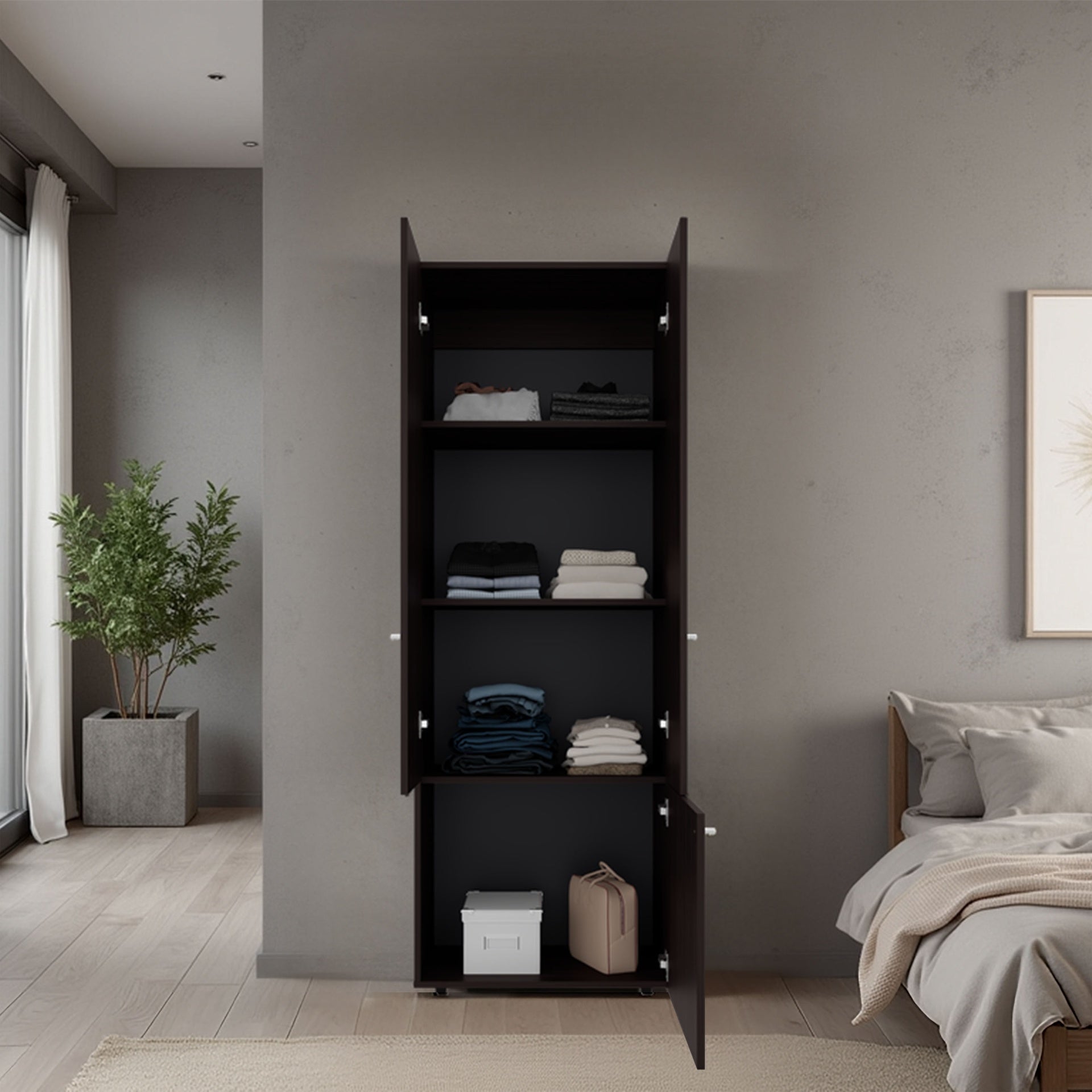 Home 3 Door Closet System with Hanging Rod for clothes and interior Shelves, Manufactured Wood Freestanding Bedroom Storage, Utility Room or Laundry Room Furniture, Stained Walnut