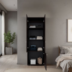 Home 3 Door Closet System with Hanging Rod for clothes and interior Shelves, Manufactured Wood Freestanding Bedroom Storage, Utility Room or Laundry Room Furniture, Stained Walnut