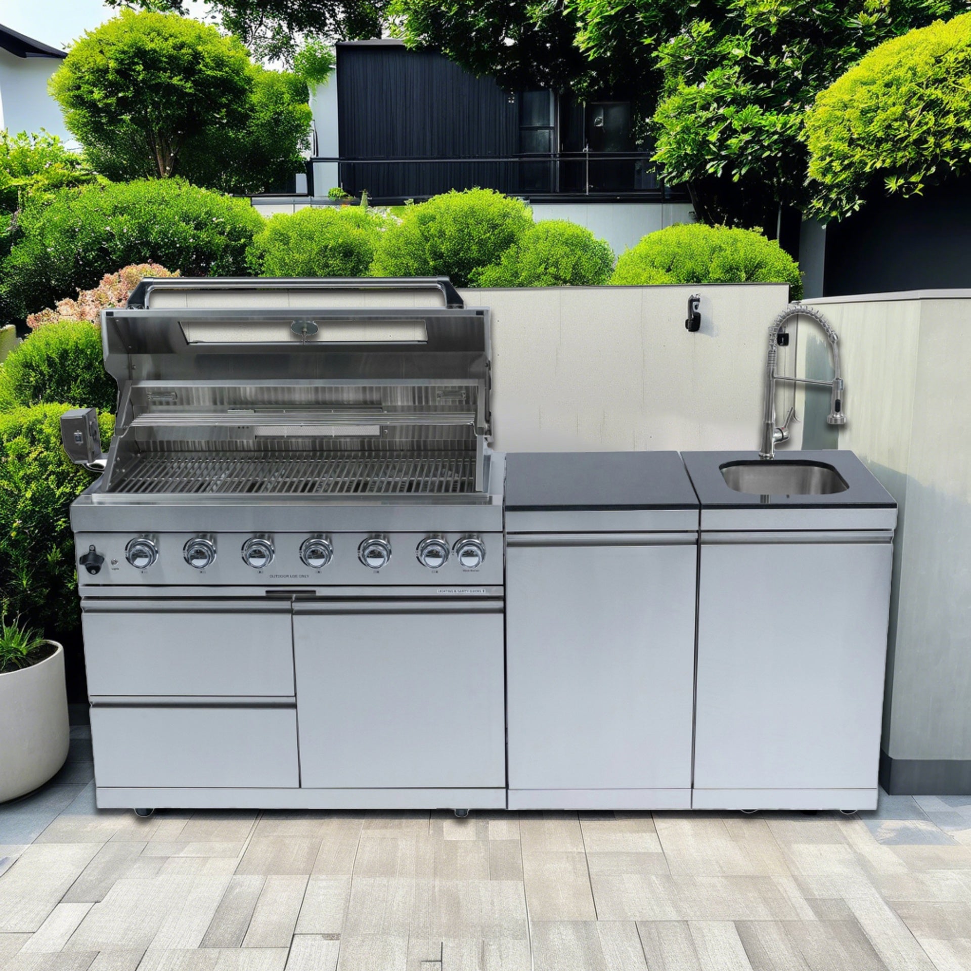 S00024 NG 43-Inch 6-Burner 85000 BTU Deluxe Stainless Steel Gas Outdoor Kitchen Bar Barbecue Island Grill  + Rotisserie + Granite Countertops Storage Cabinets & Drawers Stainless Steel Sink/Faucet