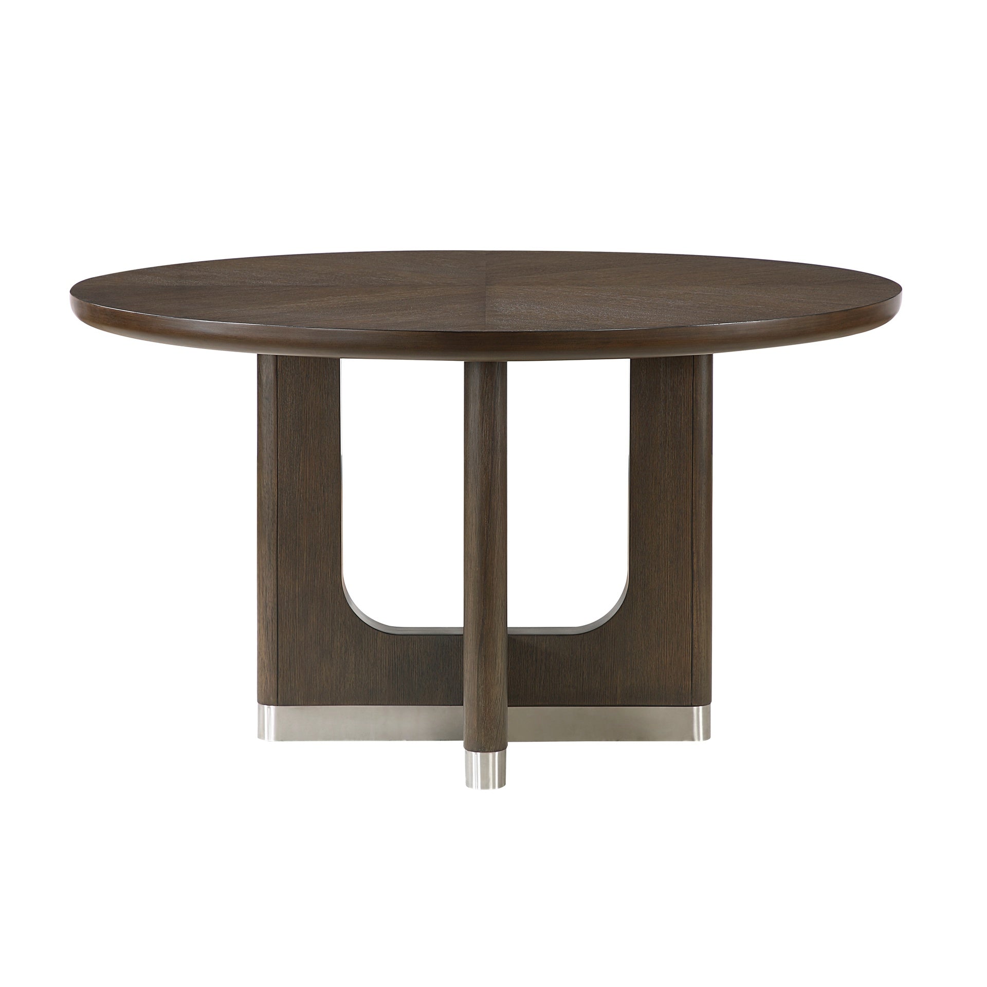 Modern Brown Finish Dining Set 7pcs Round Table and 6x Side Chairs Beige Upholstered Comfort Durable Metallic Accent Base Table Wooden Furniture