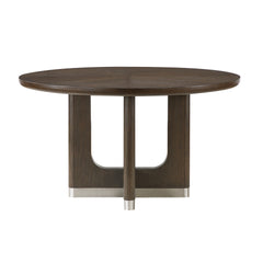 Modern Brown Finish Dining Set 7pcs Round Table and 6x Side Chairs Beige Upholstered Comfort Durable Metallic Accent Base Table Wooden Furniture