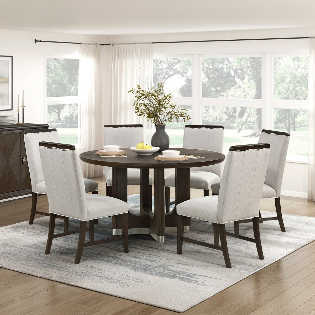 Modern Brown Finish Dining Set 7pcs Round Table and 6x Side Chairs Beige Upholstered Comfort Durable Metallic Accent Base Table Wooden Furniture