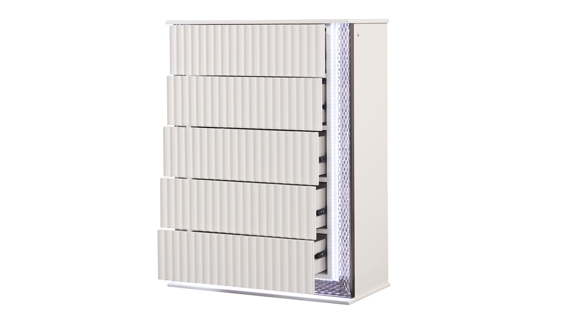 Fabio Contemporary Style 5-Drawer Chest Made with Diamond-Patterned Side Accents with LED Lighting and Wood in White Finish  (NJ inventory)