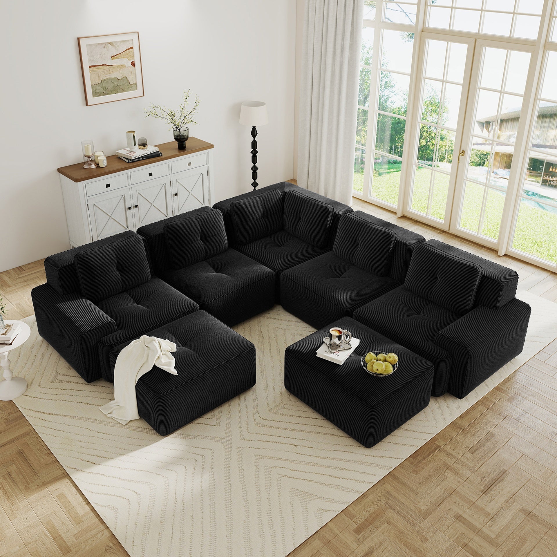 Modular Sectional Sofa with 5-Seater,V Shaped Corner Couch,Corduroy Fabric,2 Movable Ottomans, Deep Seat for Living Room, Pearl-like piping, Tufted Design, No Assembly, Anti-slip Design,Black
