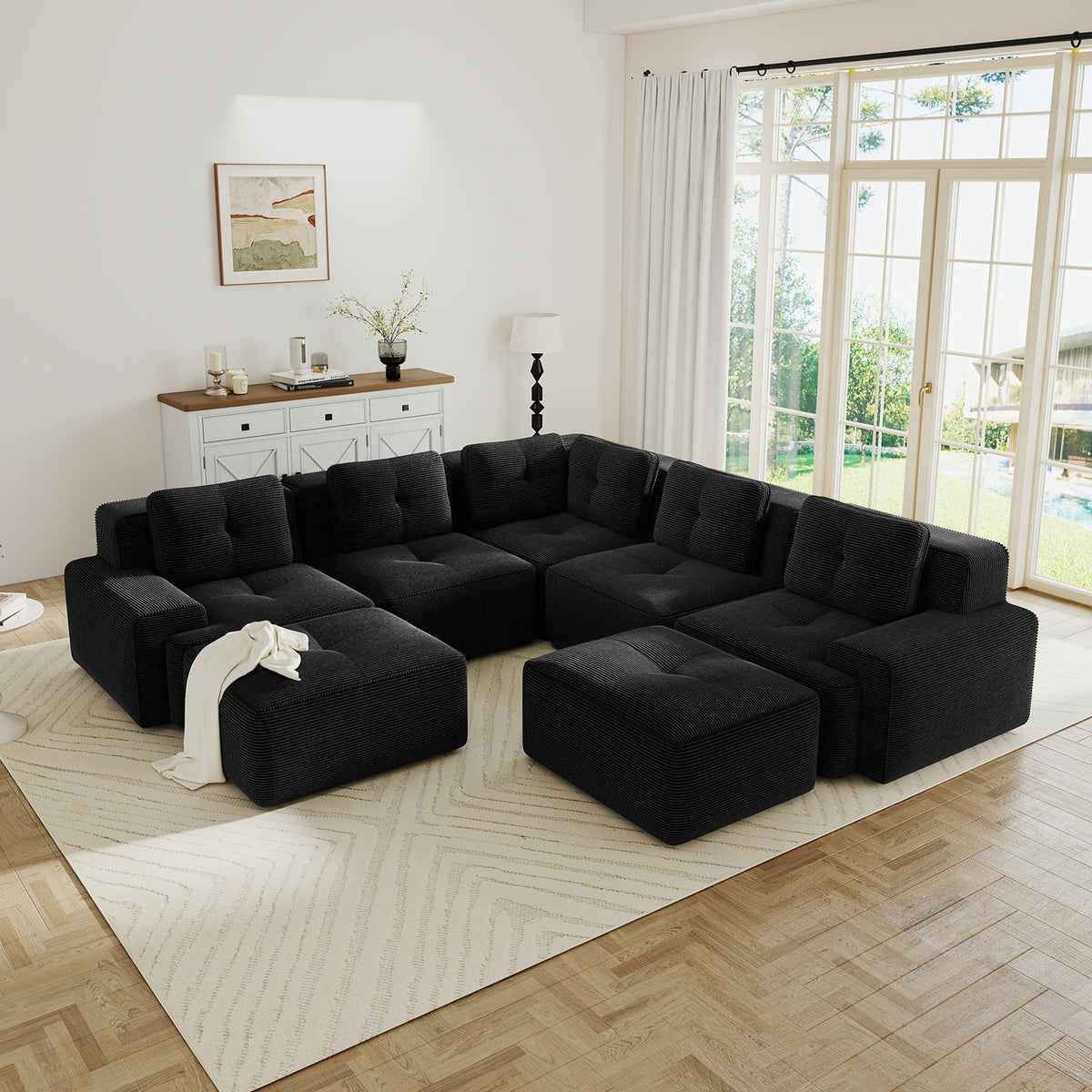 Modular Sectional Sofa with 5-Seater,V Shaped Corner Couch,Corduroy Fabric,2 Movable Ottomans, Deep Seat for Living Room, Pearl-like piping, Tufted Design, No Assembly, Anti-slip Design,Black