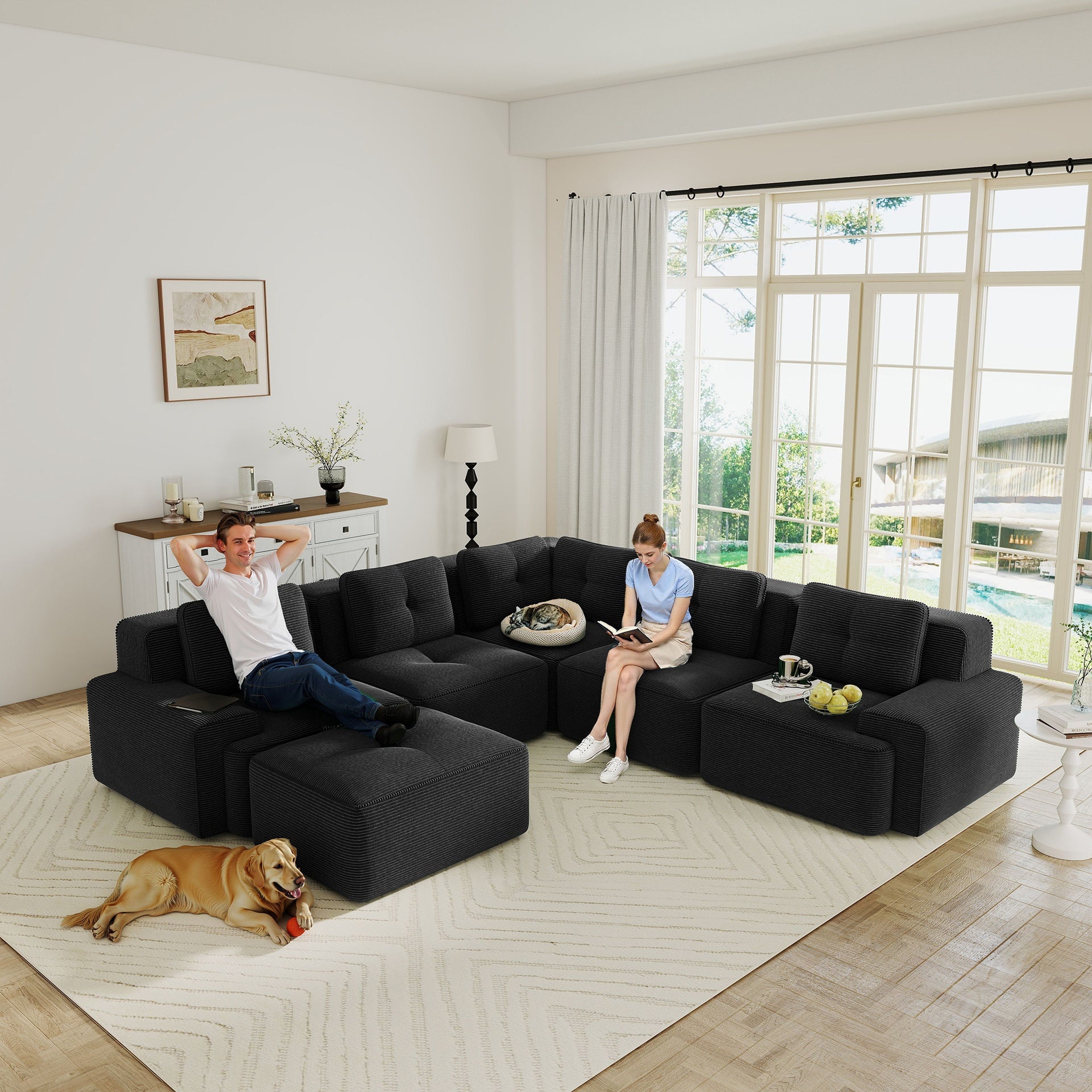 Modular Sectional Sofa with 5-Seater,V Shaped Corner Couch,Corduroy Fabric,2 Movable Ottomans, Deep Seat for Living Room, Pearl-like piping, Tufted Design, No Assembly, Anti-slip Design,Black