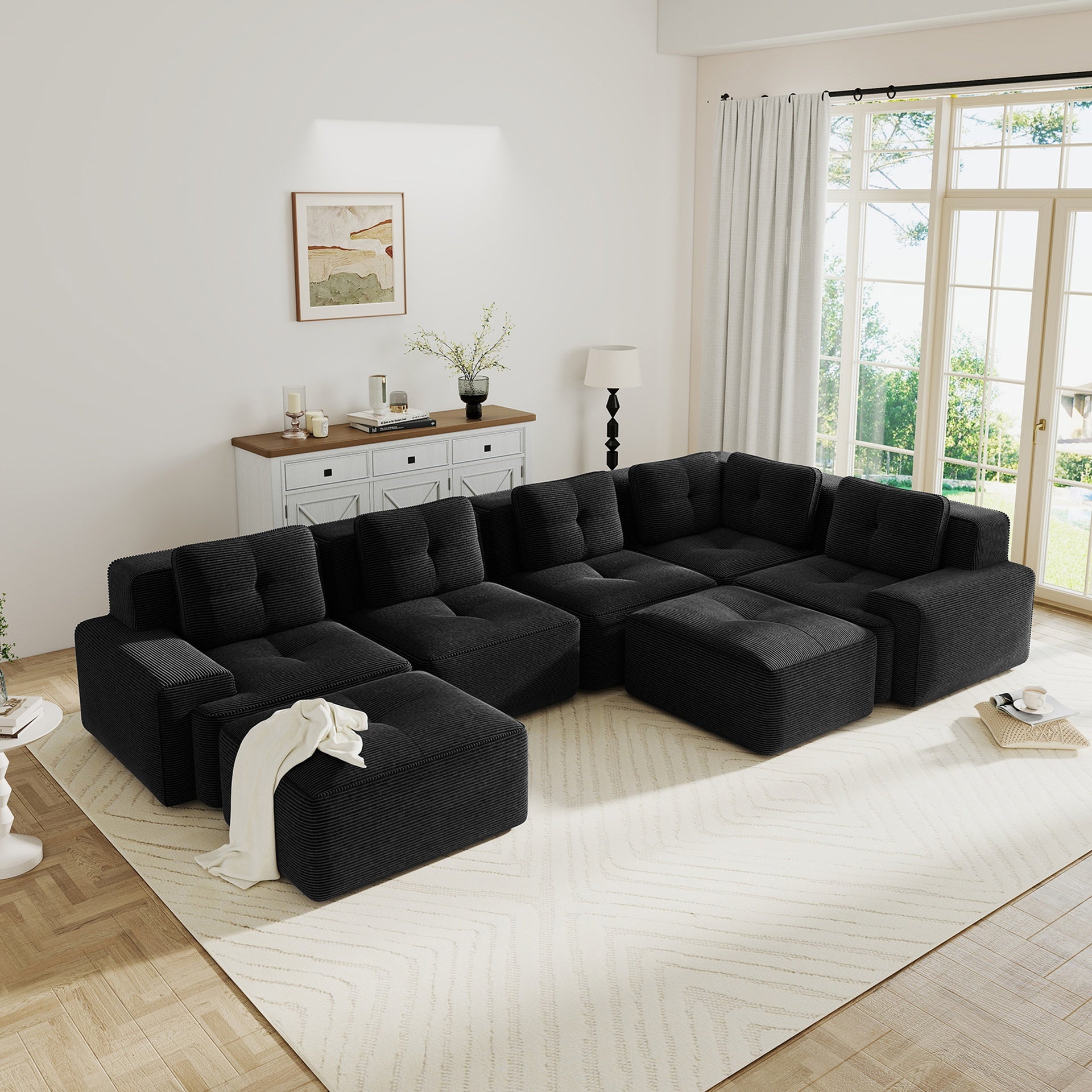 Modular Sectional Sofa with 5-Seater,V Shaped Corner Couch,Corduroy Fabric,2 Movable Ottomans, Deep Seat for Living Room, Pearl-like piping, Tufted Design, No Assembly, Anti-slip Design,Black