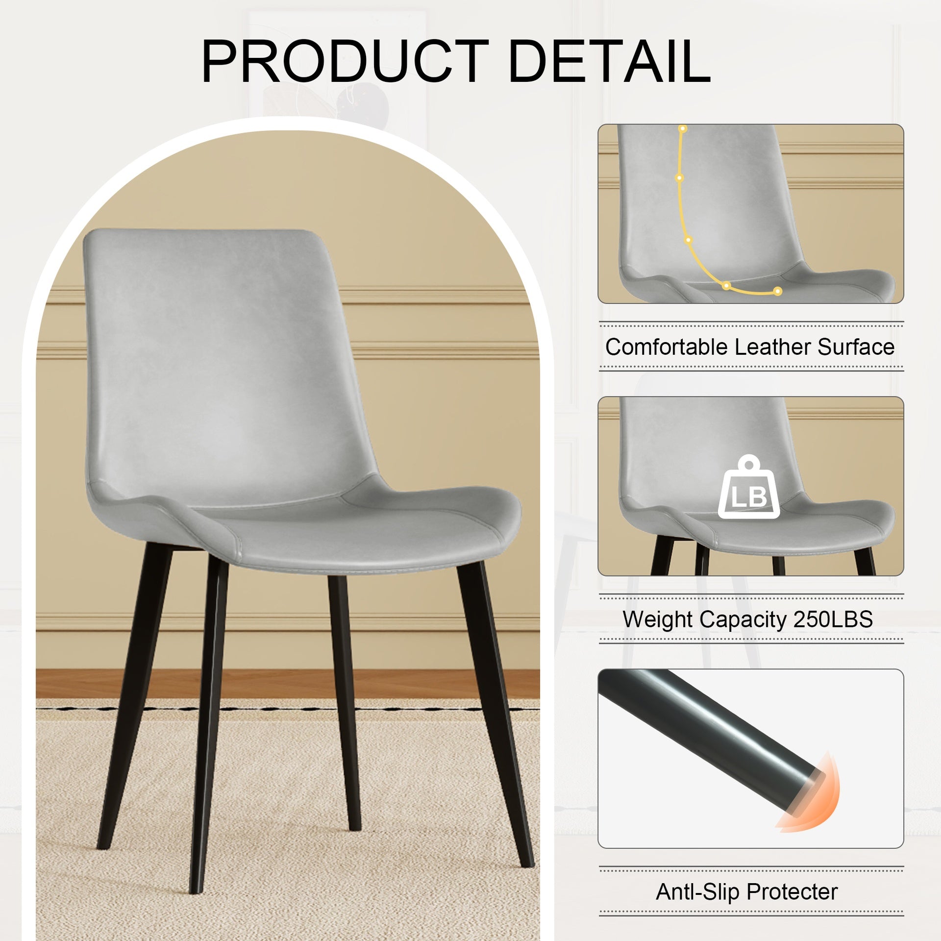 Modern dining chair set of 4 pieces, with floral grey PU leather seats and black carbon steel legs. Suitable for home, restaurant and meeting room (4 floral grey chairs)