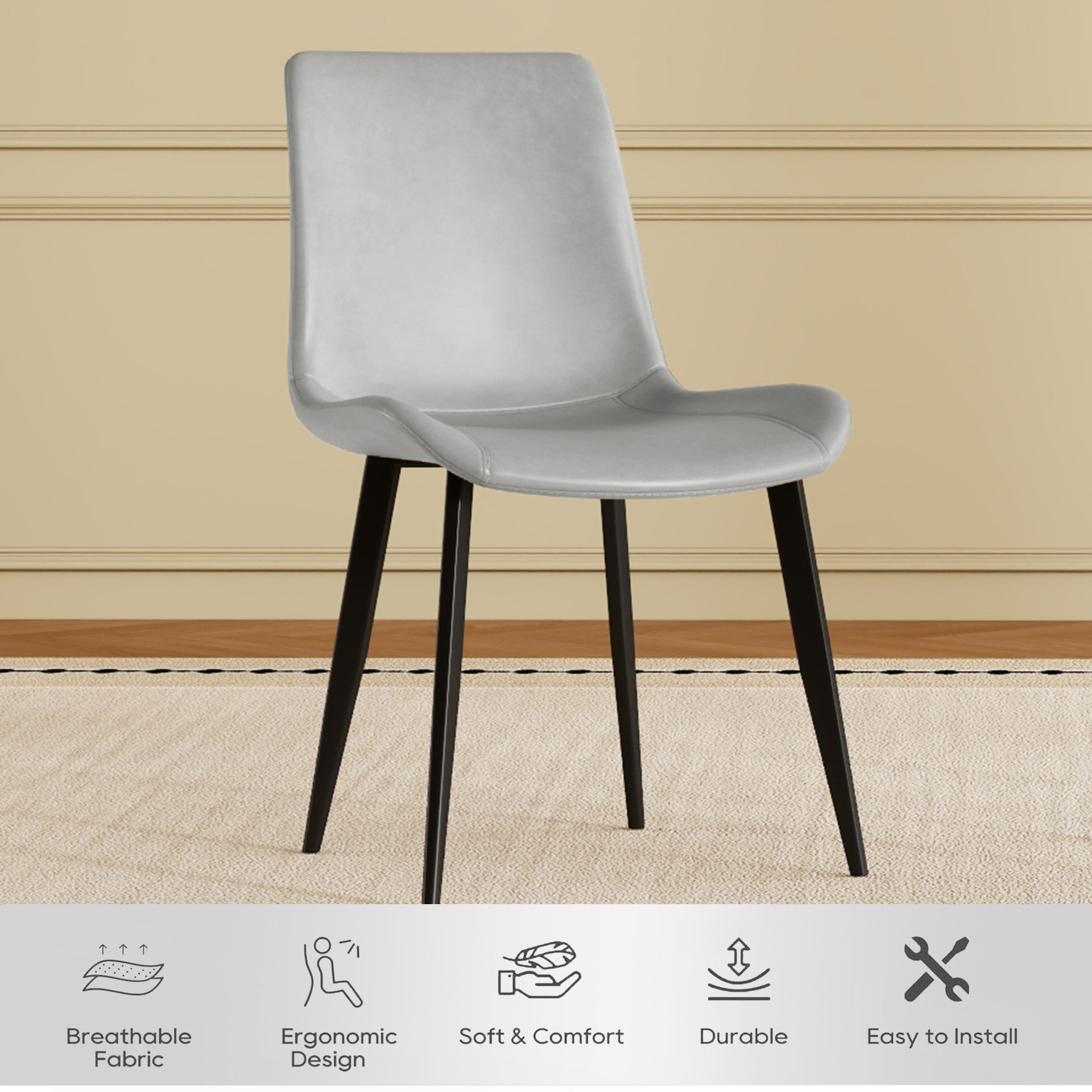 Modern dining chair set of 4 pieces, with floral grey PU leather seats and black carbon steel legs. Suitable for home, restaurant and meeting room (4 floral grey chairs)