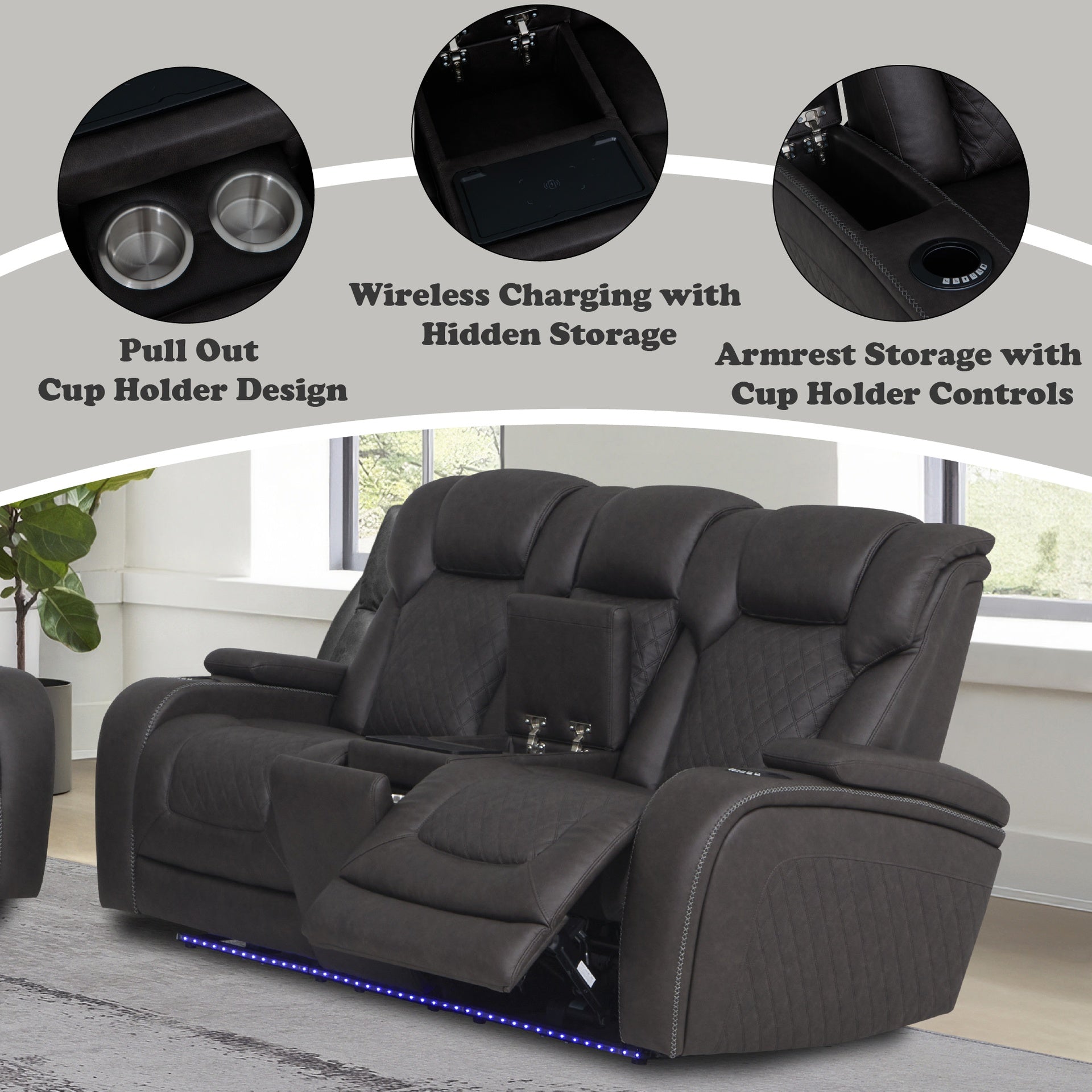 Wendell Dark Gray Microfiber Power Motion Loveseat w/Console, Wireless Charger, Storage, USB & LED