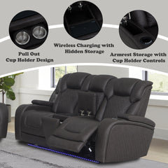 Wendell Dark Gray Microfiber Power Motion Loveseat w/Console, Wireless Charger, Storage, USB & LED
