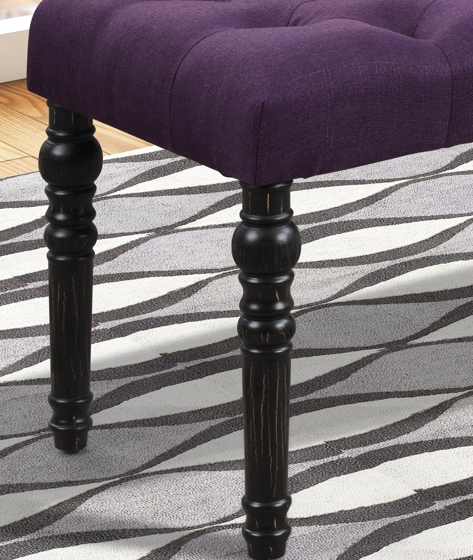 Leviton Fabric Tufted Turned Leg  Dining Bench, Purple