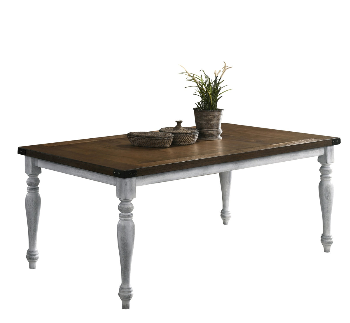 Salines Two-tone Wood Turned Leg Dining Table, Rustic White and Oak