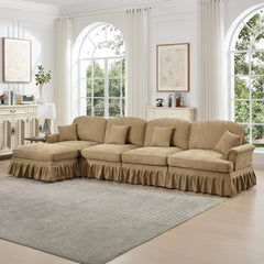 Classic Three Seater Modular L Shaped Sectional Couch with Flared Arms and Removable Ruffles Pleats Skirts and Spindle Legs, Comfy Chenille Four-Seat Deep Seat Sofa with Movable Ottoman, Light Coffee