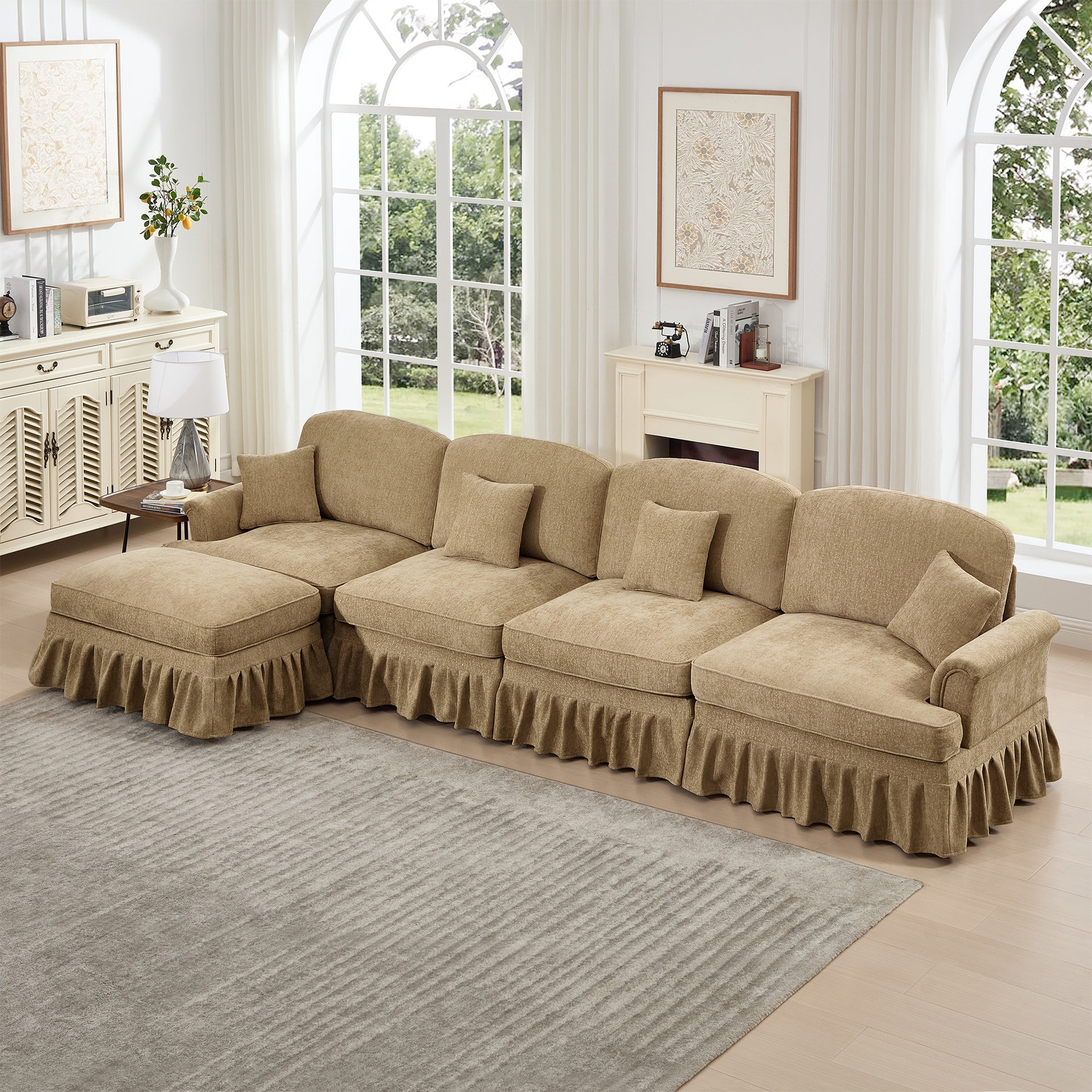 Classic Three Seater Modular L Shaped Sectional Couch with Flared Arms and Removable Ruffles Pleats Skirts and Spindle Legs, Comfy Chenille Four-Seat Deep Seat Sofa with Movable Ottoman, Light Coffee