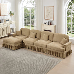 Classic Three Seater Modular L Shaped Sectional Couch with Flared Arms and Removable Ruffles Pleats Skirts and Spindle Legs, Comfy Chenille Four-Seat Deep Seat Sofa with Movable Ottoman, Light Coffee