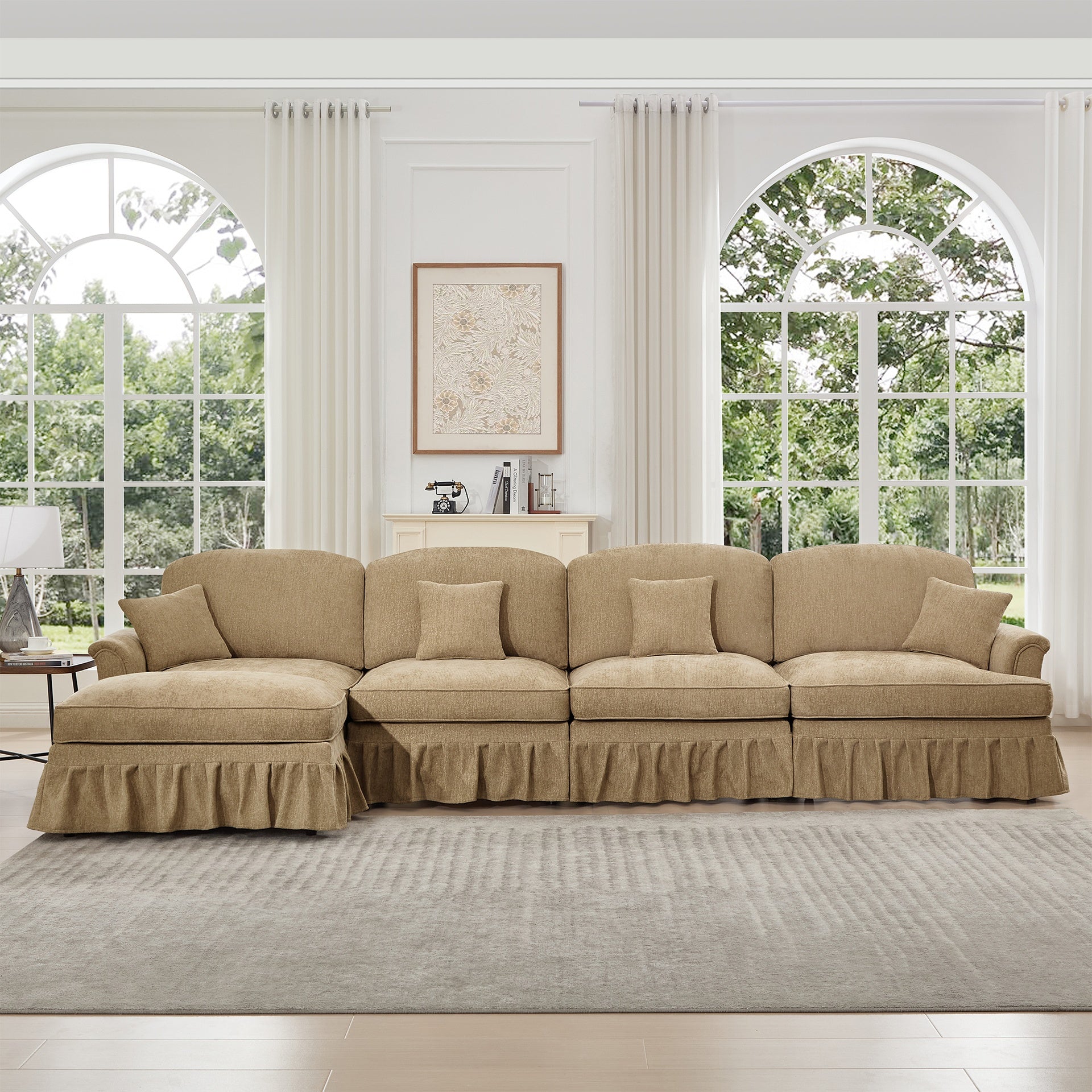 Classic Three Seater Modular L Shaped Sectional Couch with Flared Arms and Removable Ruffles Pleats Skirts and Spindle Legs, Comfy Chenille Four-Seat Deep Seat Sofa with Movable Ottoman, Light Coffee