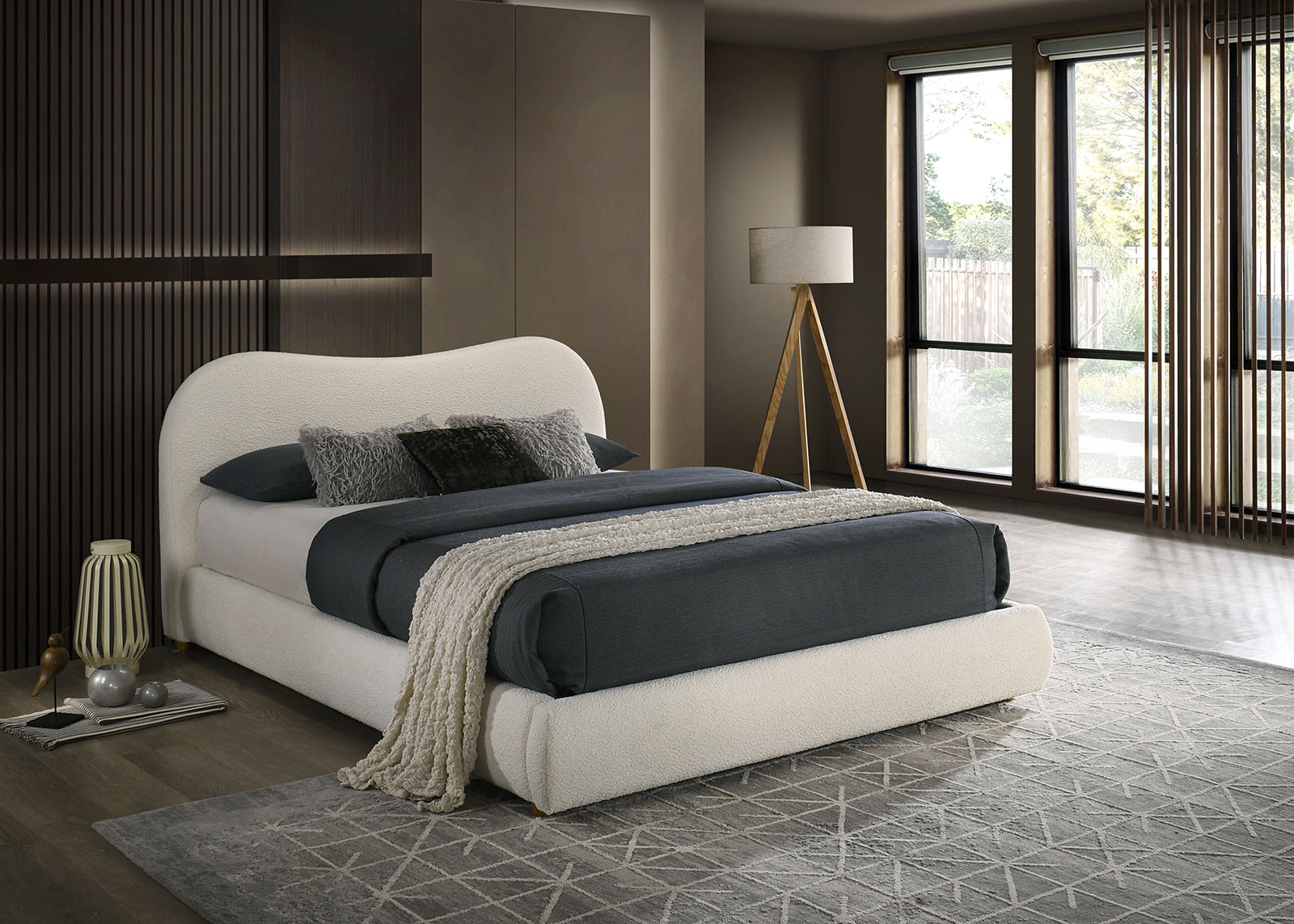 White Color Boucle Upholstered 1pc Queen Size Bed Curved Design Headboard Storage FB Bedroom Furniture Bedframe