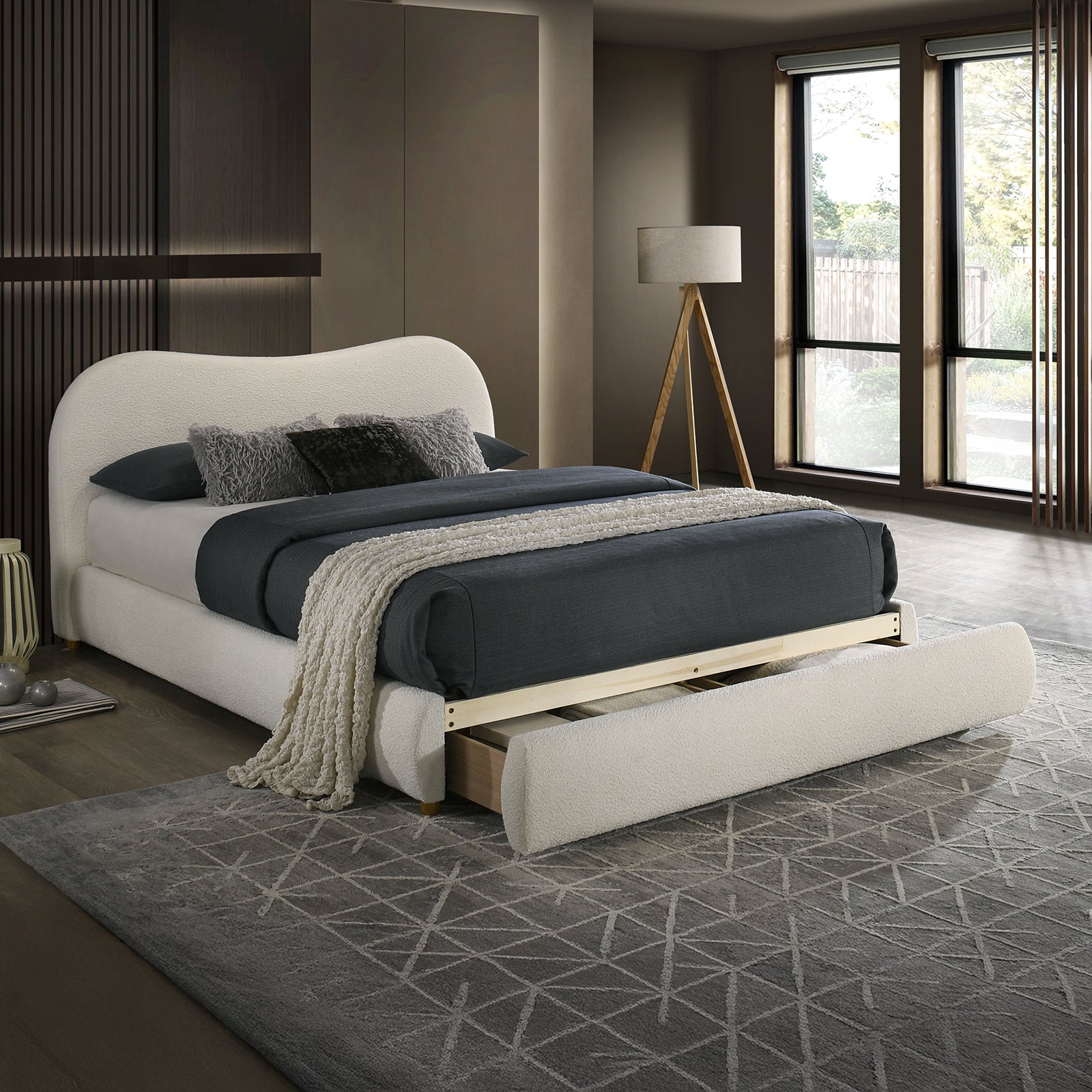 White Color Boucle Upholstered 1pc Queen Size Bed Curved Design Headboard Storage FB Bedroom Furniture Bedframe