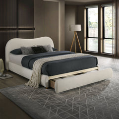 White Color Boucle Upholstered 1pc Queen Size Bed Curved Design Headboard Storage FB Bedroom Furniture Bedframe