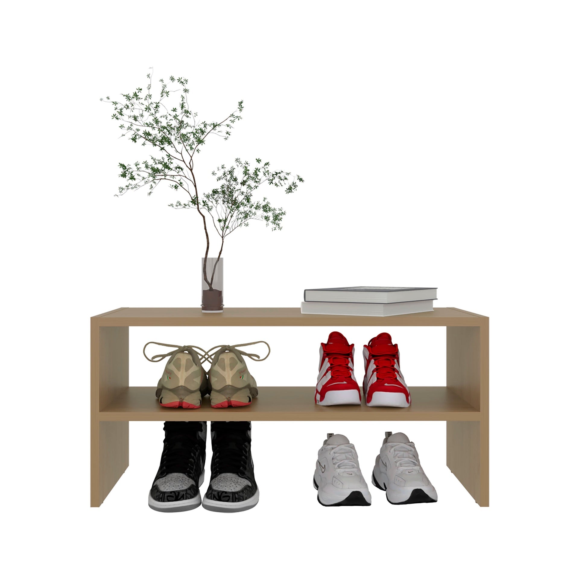 Natural Oak 2-Shelf Shoe Rack with Low Horizontal Design