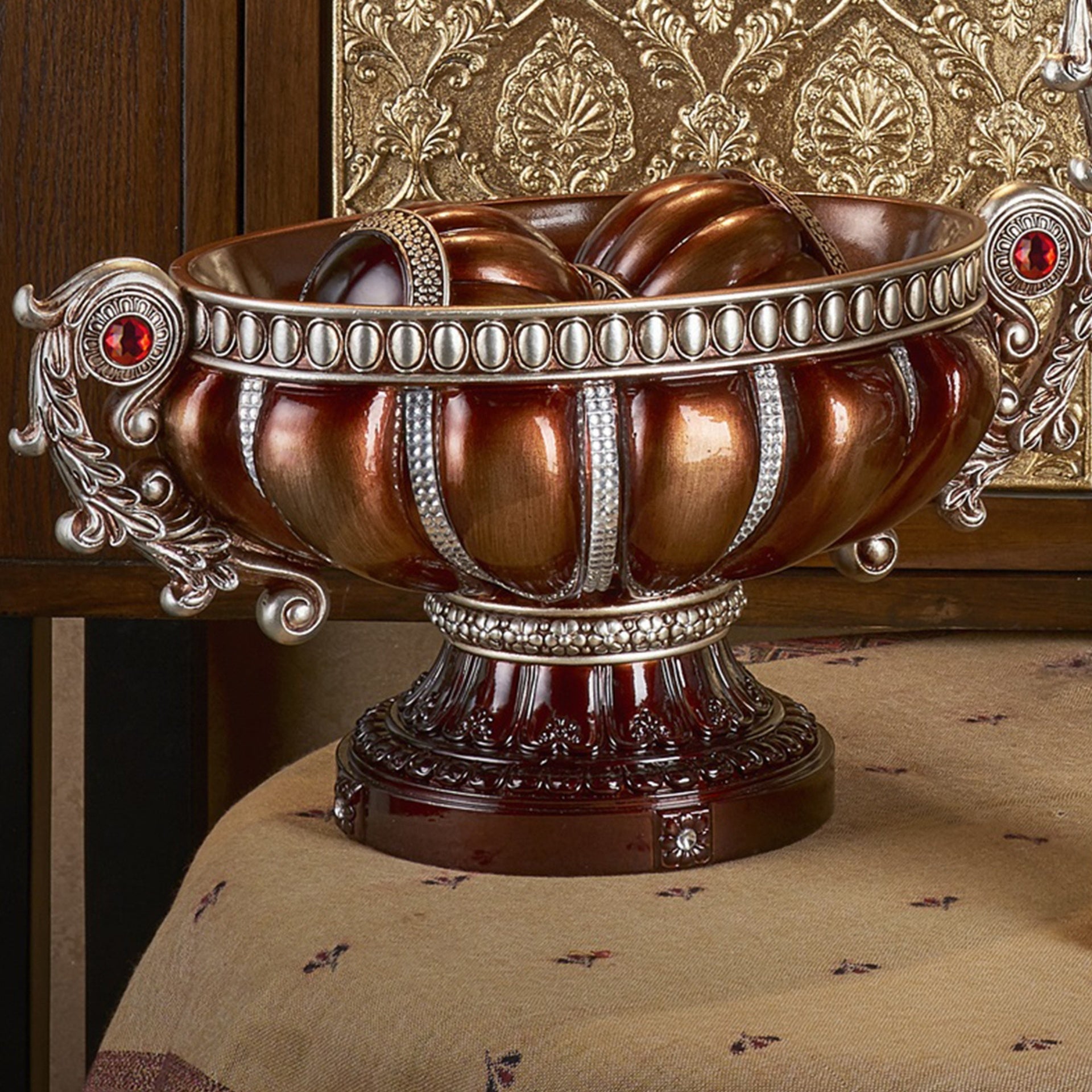 8.75" Tall" Delicata" Footed Decorative Bowl, Bronze with Silver Accents
