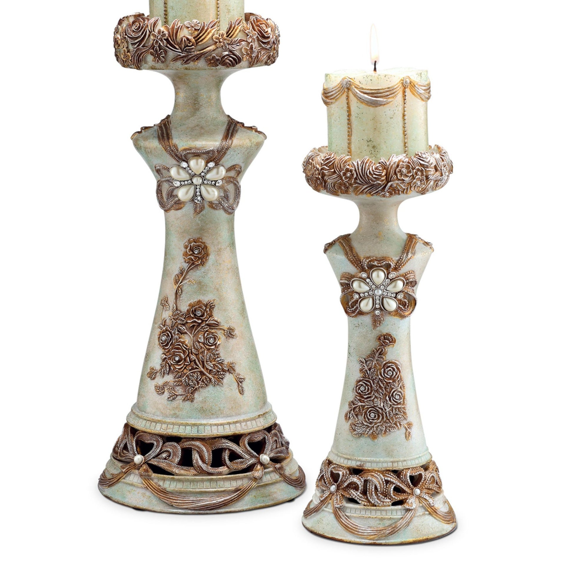 11.75" and 15.5" Polyresin Candleholder, Vintage Rose Design (Set of 2)