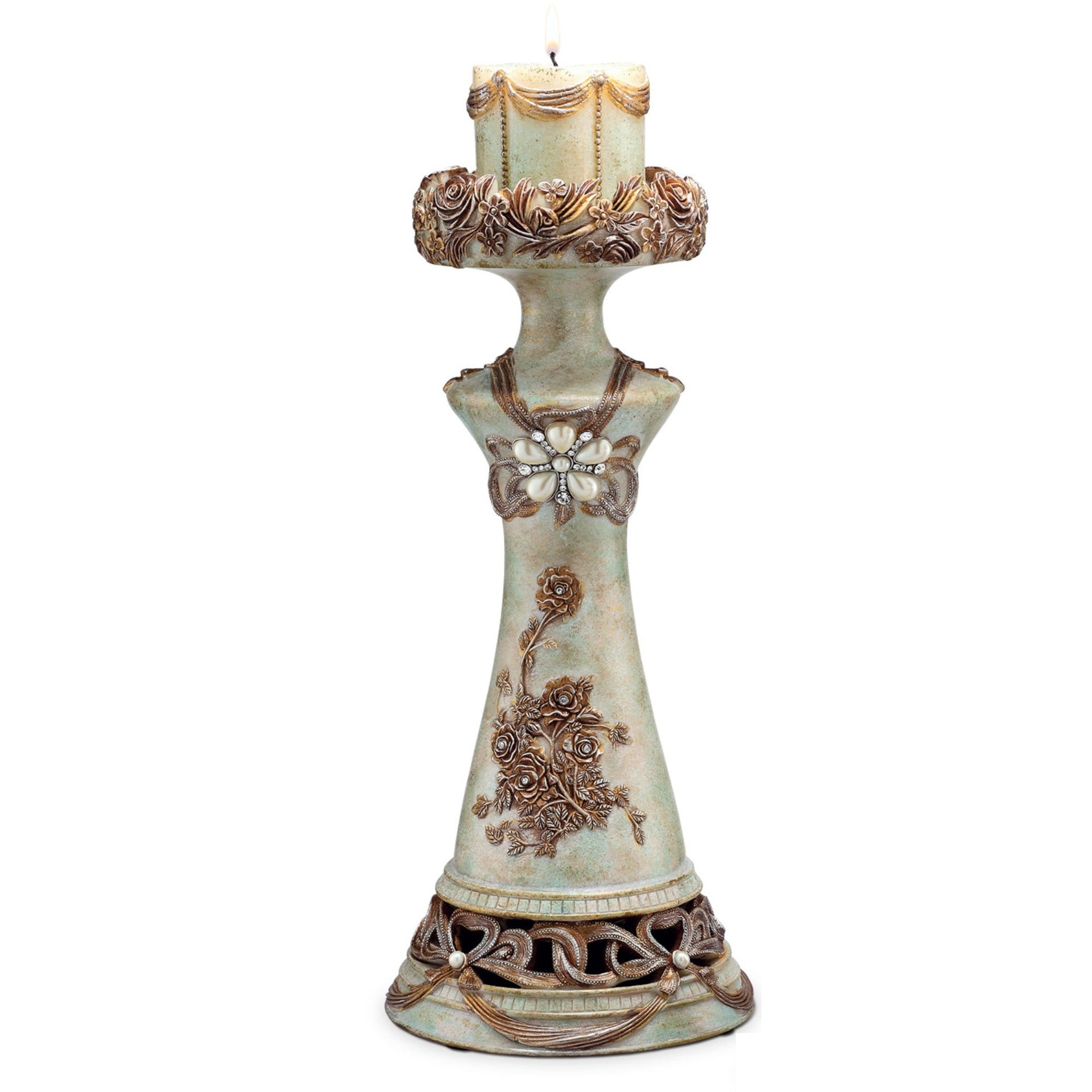11.75" and 15.5" Polyresin Candleholder, Vintage Rose Design (Set of 2)