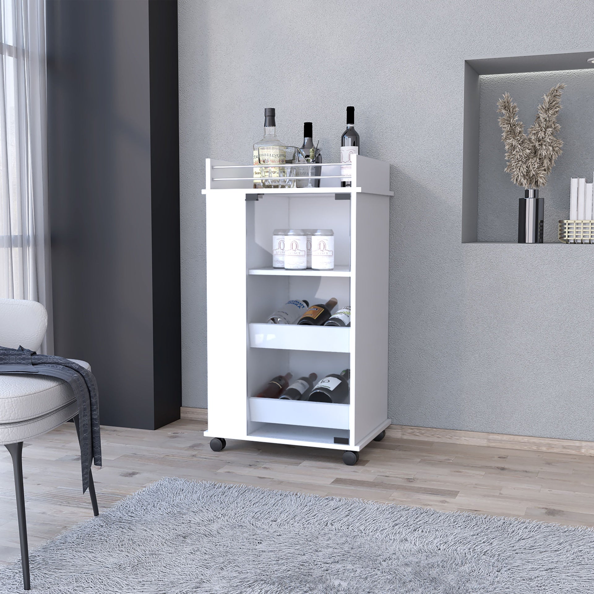 Lusk Bar Cart with 2-Bottle Holder Shelf, Glass Door and Casters