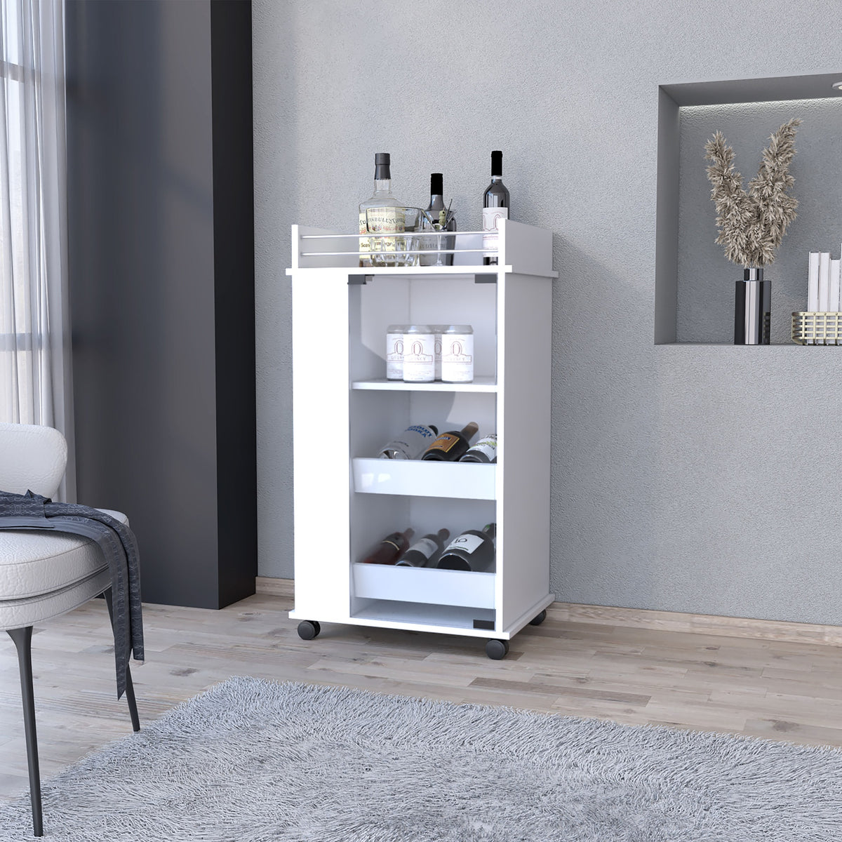 Lusk Bar Cart with 2-Bottle Holder Shelf, Glass Door and Casters