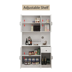 71" Kitchen Pantry Storage Cabinet with Microwave Oven Countertop, Freestanding Hutch Cabinet with Adjustable Shelves, 6 Doors and 1 Drawer-White