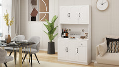71" Kitchen Pantry Storage Cabinet with Microwave Oven Countertop, Freestanding Hutch Cabinet with Adjustable Shelves, 6 Doors and 1 Drawer-White